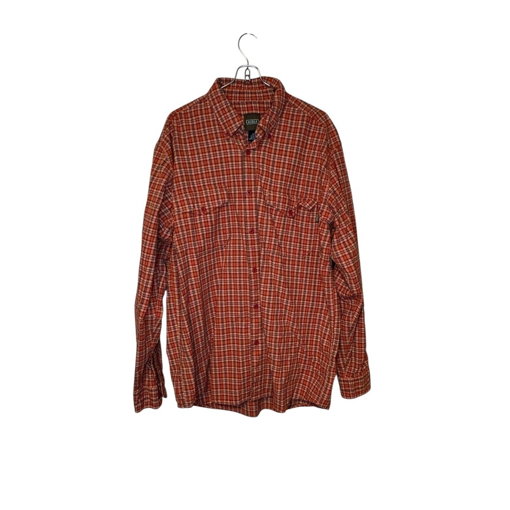 Aigle Men Shirt Button‎ Up Long Sleeve Snap Pocket Cotton Plaid Orange Size XL